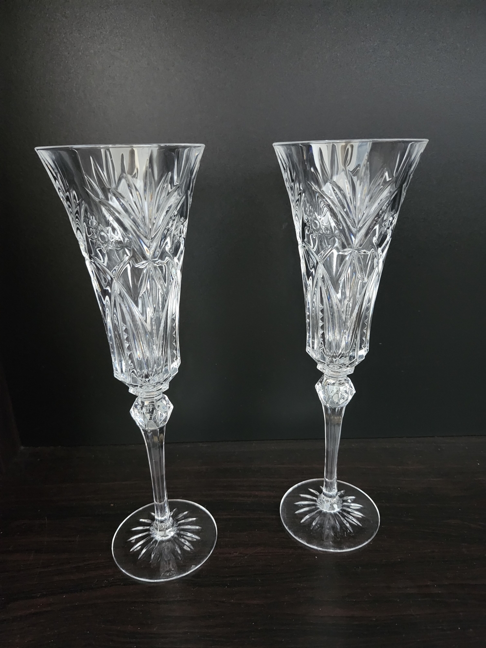 Crystal Champagne Flute Pair Clear Cut Sturdy 11 Inches Tall